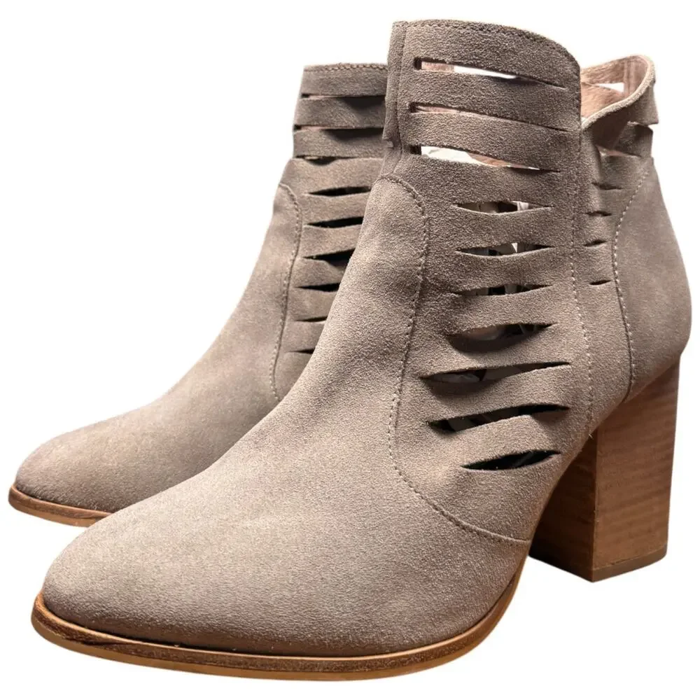 SEYCHELLES Let's Go Crazy Women 8.5 Taupe Suede Cutout Block Heel Ankle Boots